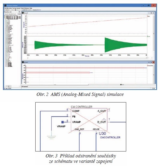 Obr. 2 AMS (Analog-Mixed Signal) simulace, Obr. 3 Příklad odstranění součástky ze schématu ve variantě zapojení